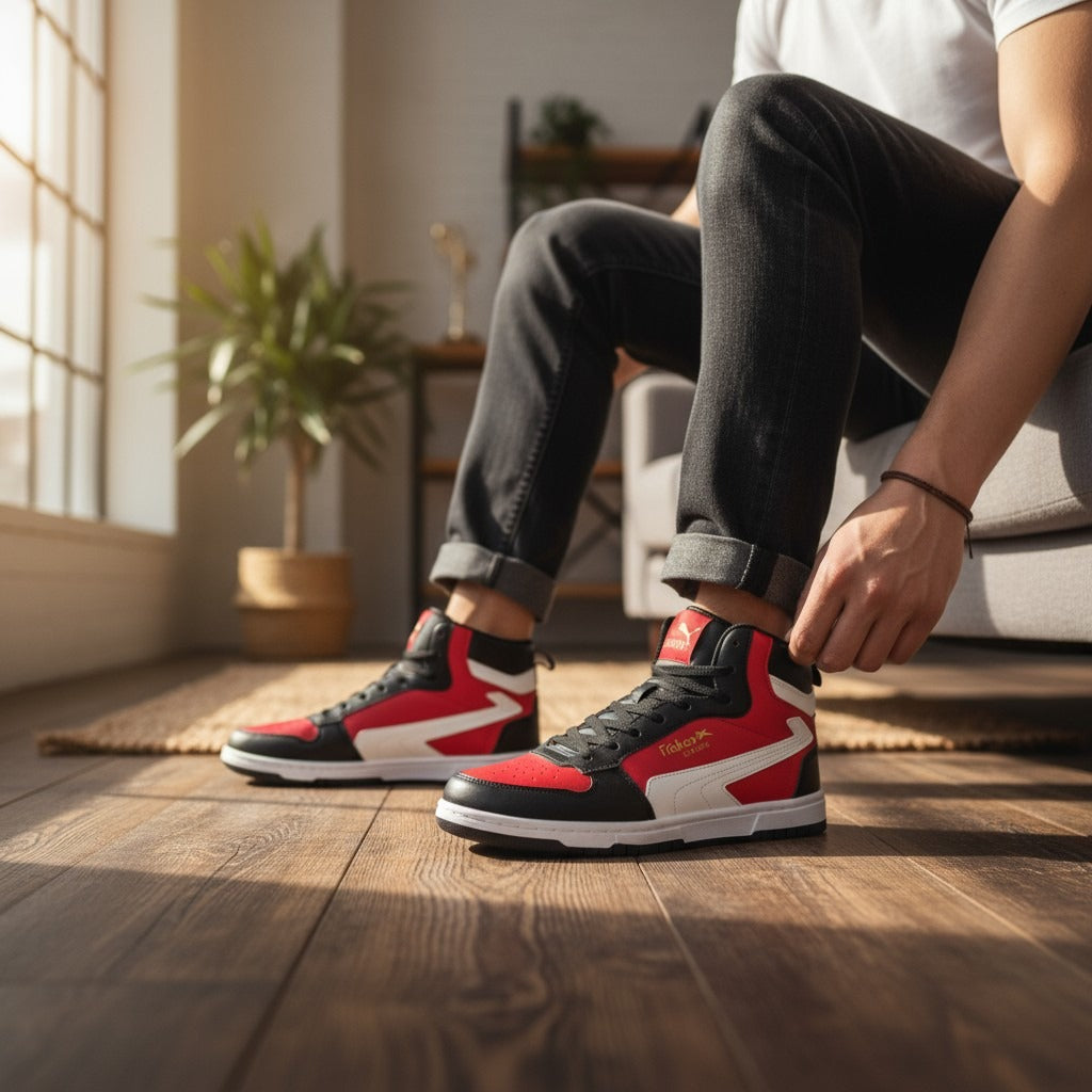 Tenis Hombre Sneaker Bota Clasica Moda Negro Rojo Urbano